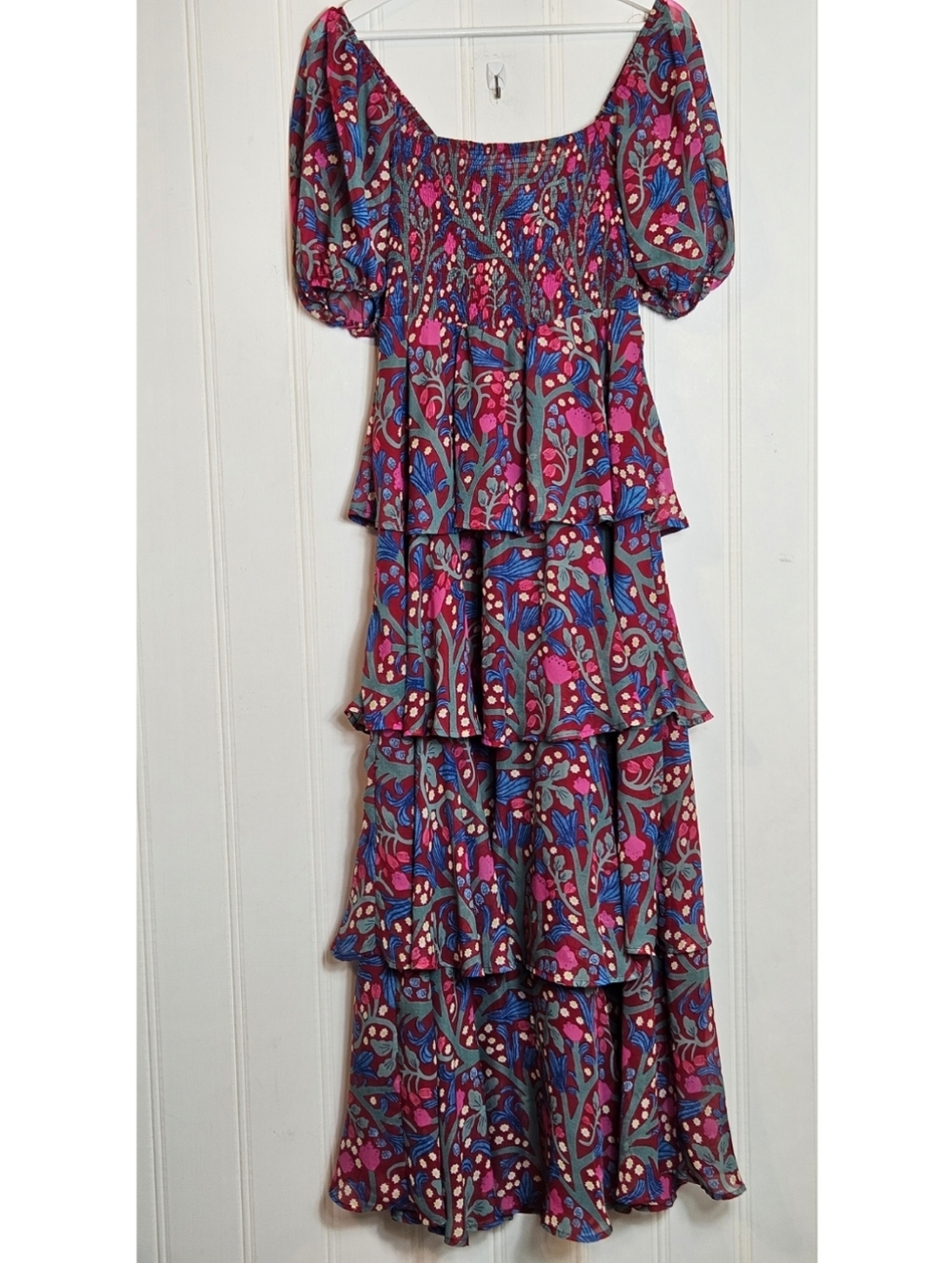 Entro Floral Tiered Maxi Dress L Puff Sleeve Smocked Cottagecore Boho - Picture 2 of 16